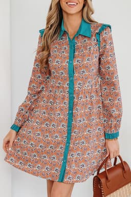 image-Orange Boho Floral Contrast Collared Shirt Dress