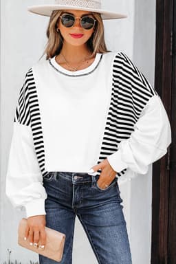 image-Brown Stripe Colorblock Patchwork Sweatshirt Oversized