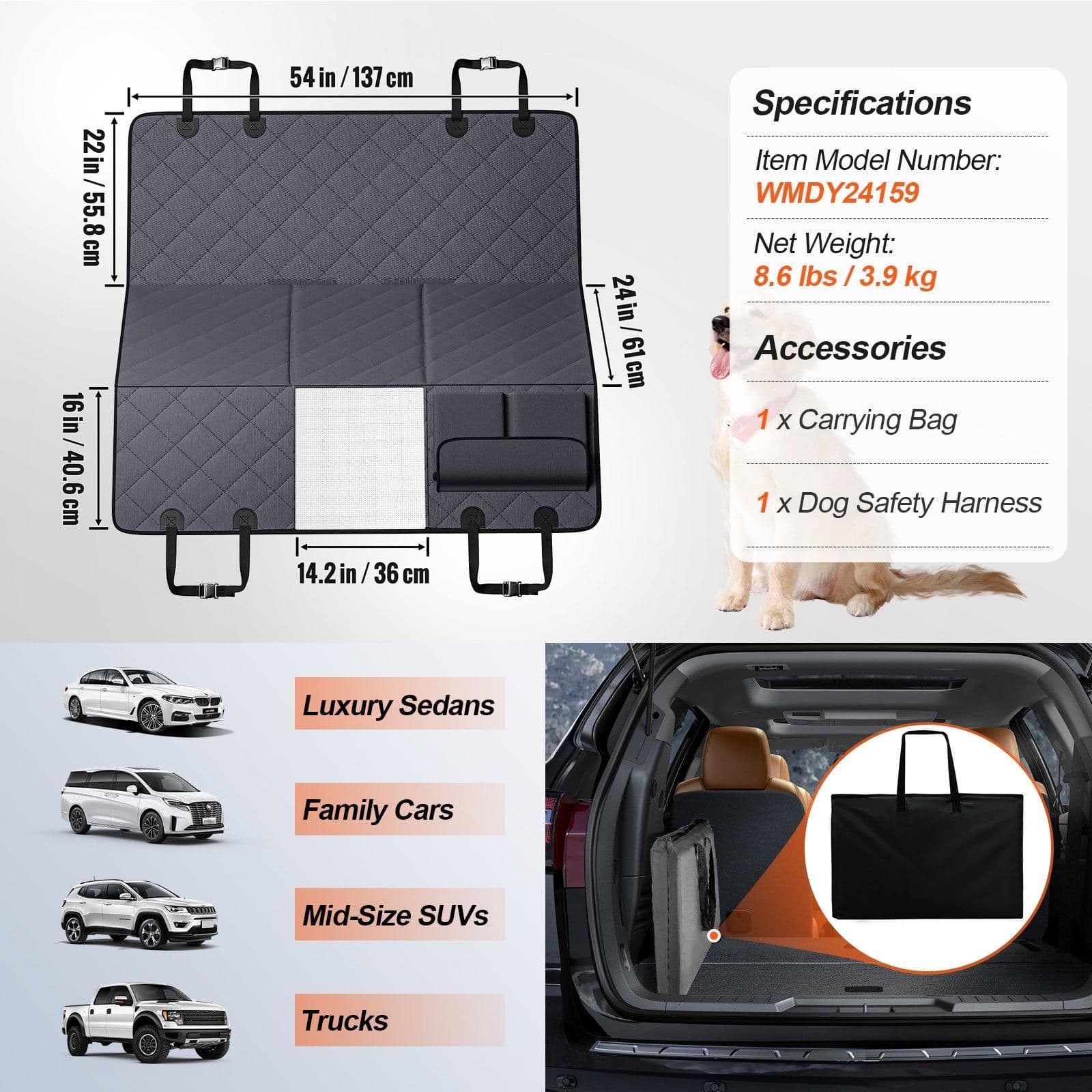 image-VEVOR Dog Car Seat Cover for Back Seat 54 x 24 in Waterproof 600D for Cars