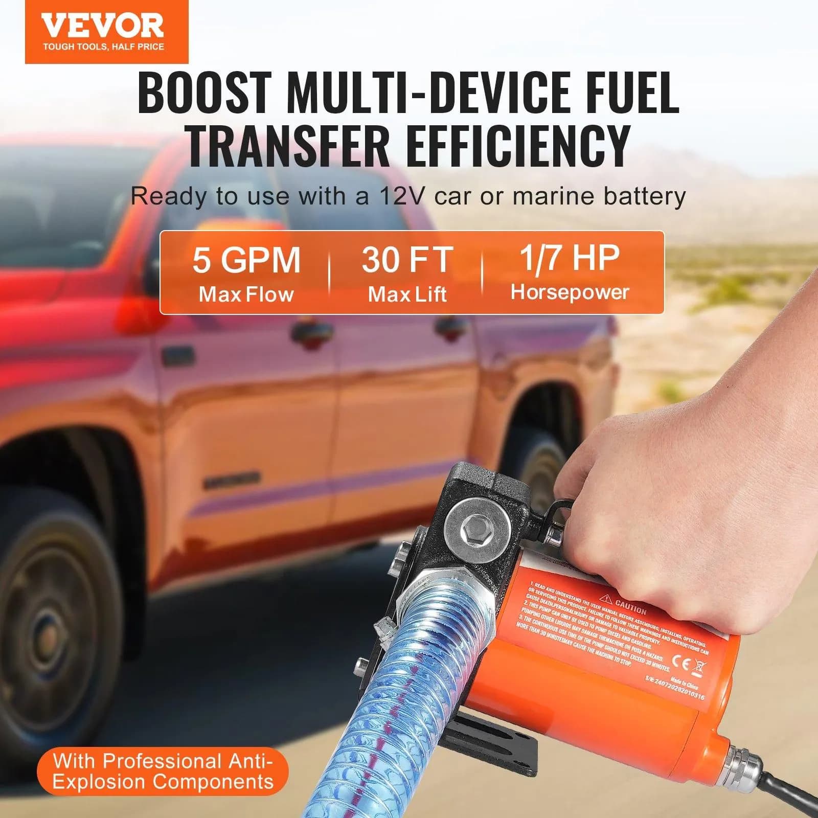 image-VEVOR Fuel Transfer Pump, 12V DC 5.3 GPM 1/10 HP, Portable Electric Diesel Transfer Pump with Auto Shut-Off Fuel Nozzle, Long Inlet & Outlet Hose for Gasoline, Diesel, Kerosene, Methanol Blends