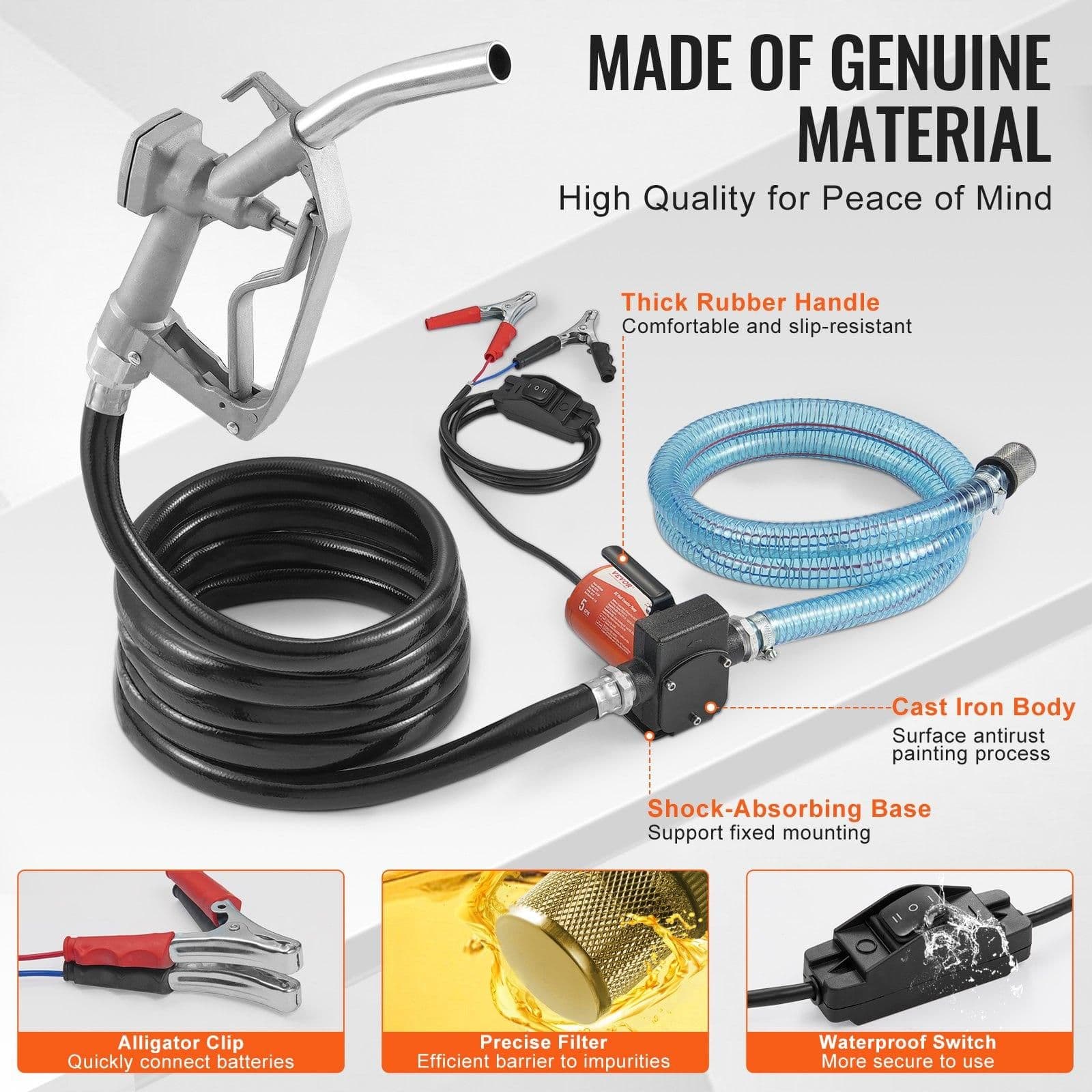 image-VEVOR Fuel Transfer Pump, 12V DC 5.3 GPM 1/10 HP, Portable Electric Diesel Transfer Pump with Auto Shut-Off Fuel Nozzle, Long Inlet & Outlet Hose for Gasoline, Diesel, Kerosene, Methanol Blends