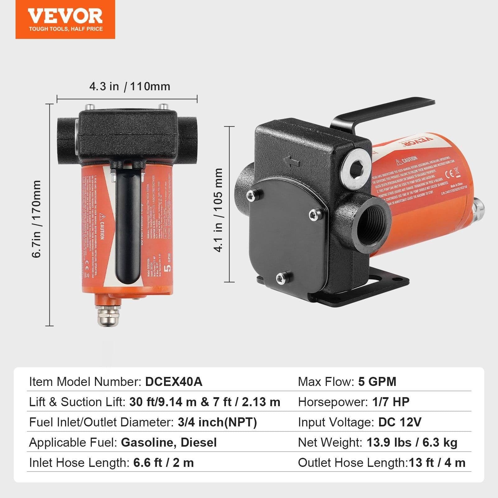 image-VEVOR Fuel Transfer Pump, 12V DC 5.3 GPM 1/10 HP, Portable Electric Diesel Transfer Pump with Auto Shut-Off Fuel Nozzle, Long Inlet & Outlet Hose for Gasoline, Diesel, Kerosene, Methanol Blends