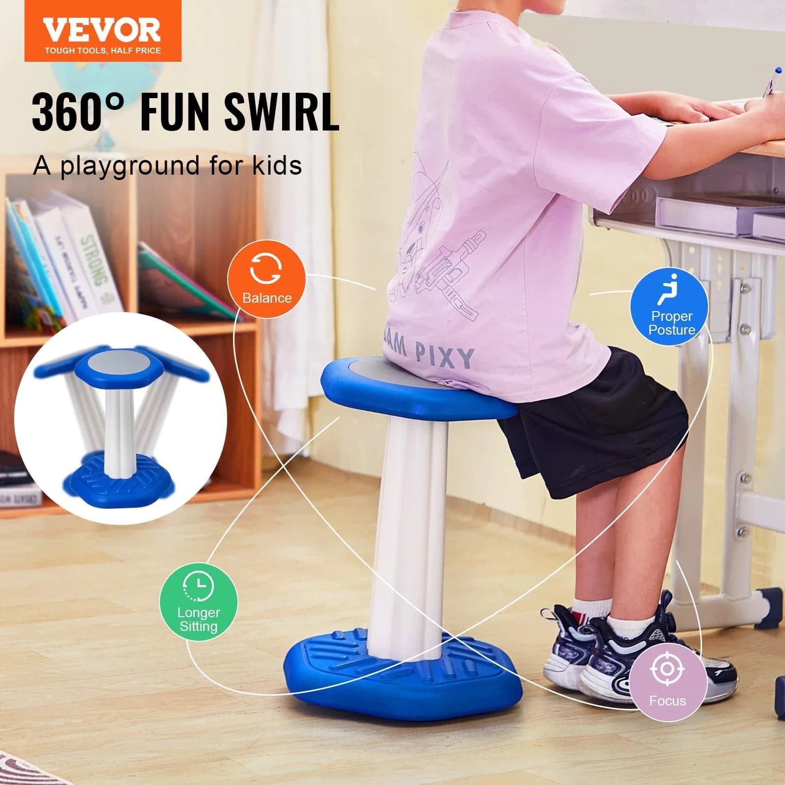 image-VEVOR Kids Wobble Chair, Active Chair with Sponge Cushion, Wobble Stool Improves Focus, Posture and Calm Children, Ideal for Schools and Home, Age 7-14, Blue