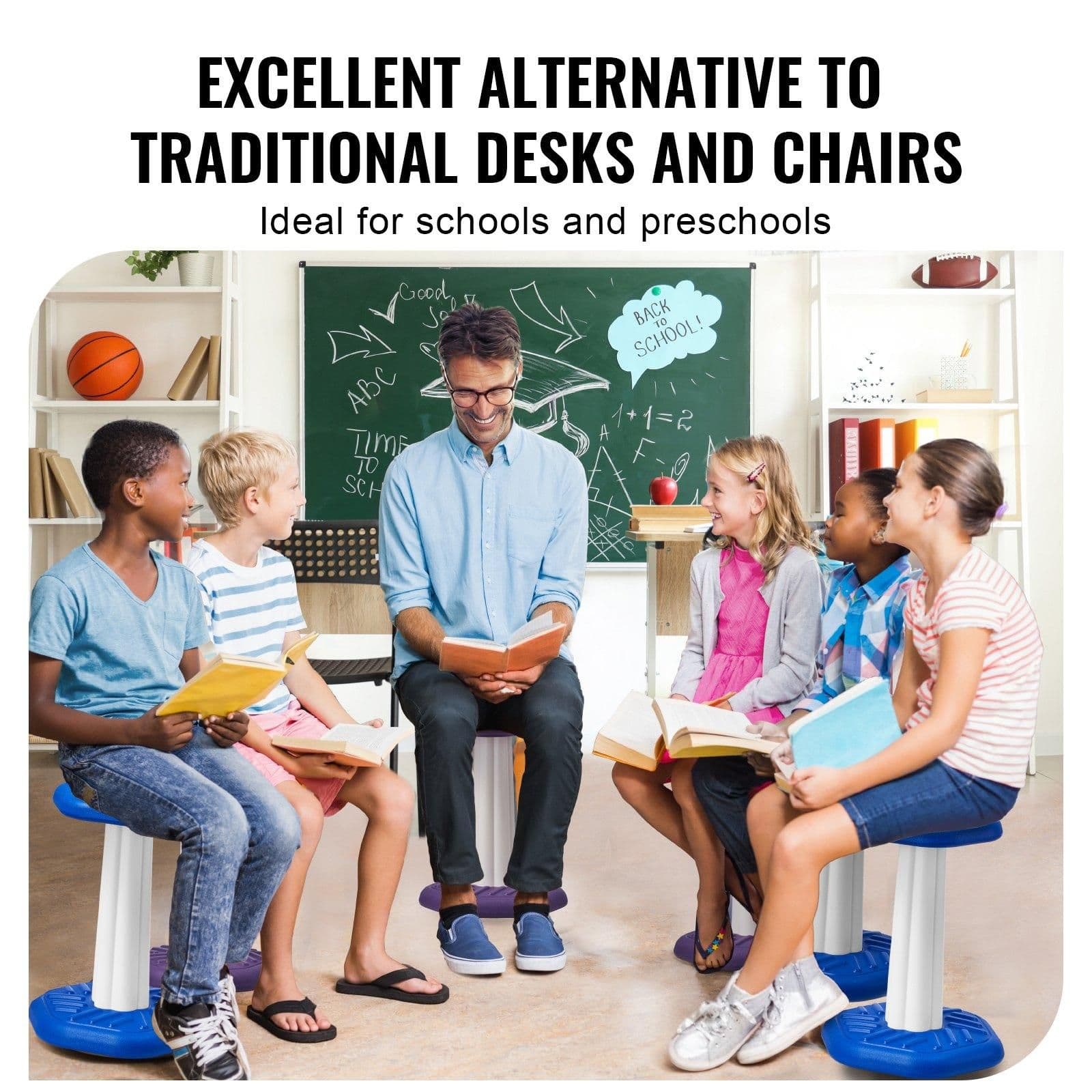image-VEVOR Kids Wobble Chair, Active Chair with Sponge Cushion, Wobble Stool Improves Focus, Posture and Calm Children, Ideal for Schools and Home, Age 7-14, Blue
