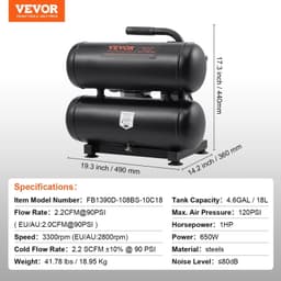 image-VEVOR Air Compressor, 4.6 Gallon Steel Tank, 1HP 2.2 CFM@90 PSI Oil Free Air Compressor & Max. 120PSI Pressure, 80dB Ultra Quiet Portable Compressor, for Auto Repair, Tire Inflation, Spray Painting