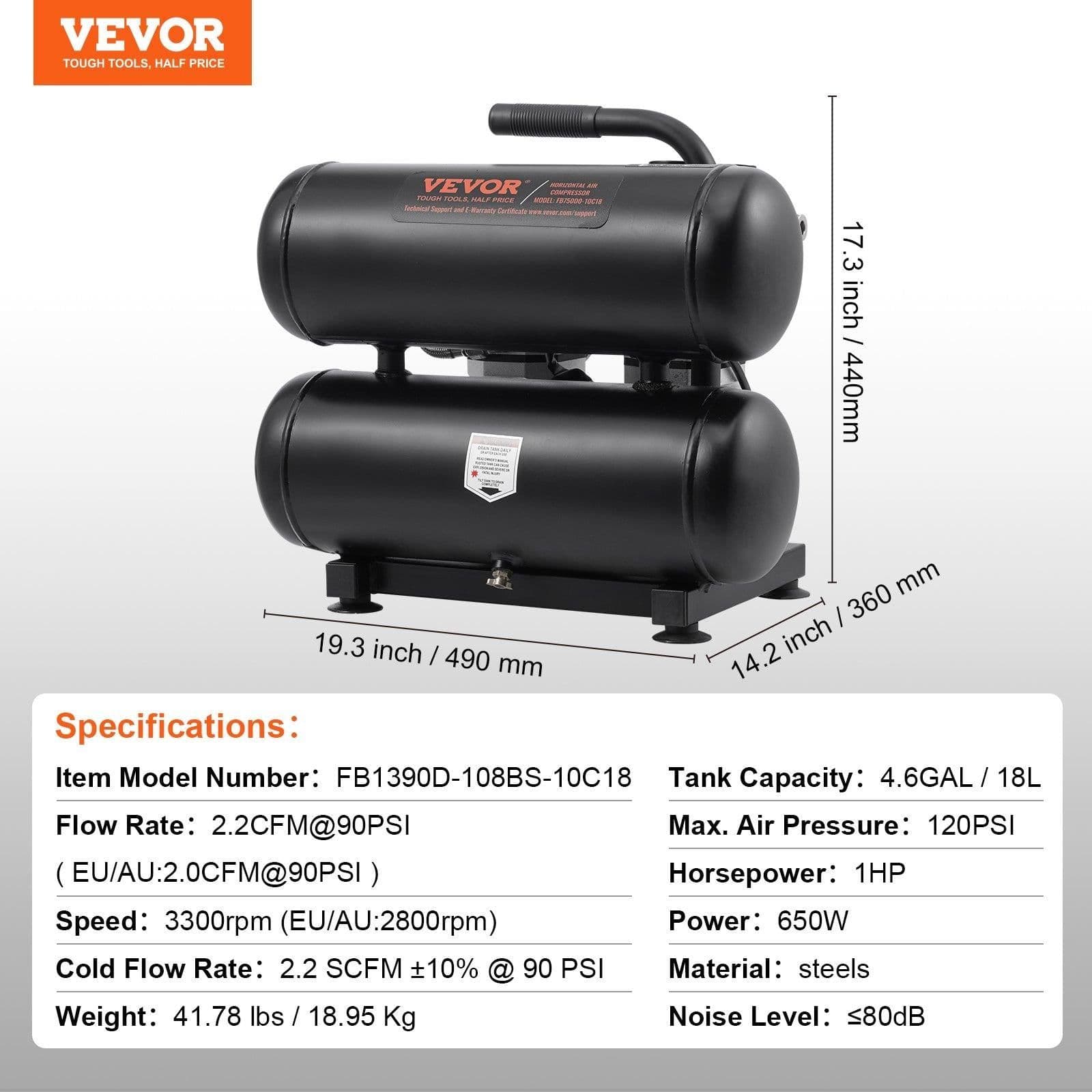 image-VEVOR Air Compressor, 4.6 Gallon Steel Tank, 1HP 2.2 CFM@90 PSI Oil Free Air Compressor & Max. 120PSI Pressure, 80dB Ultra Quiet Portable Compressor, for Auto Repair, Tire Inflation, Spray Painting