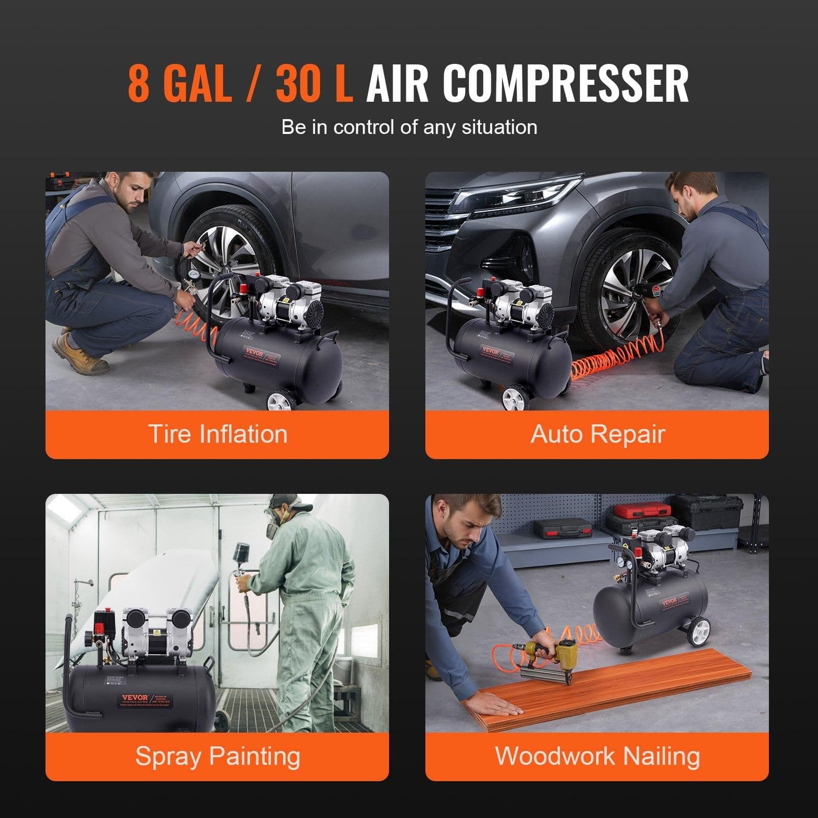 image-VEVOR Air Compressor, 8 Gallon Steel Tank, 1HP 2.2 CFM@90 PSI Oil Free Air Compressor & Max. 120PSI Pressure, 80dB Ultra Quiet Portable Compressor, for Auto Repair, Tire Inflation, Spray Painting