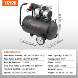 image-VEVOR Air Compressor, 8 Gallon Steel Tank, 1HP 2.2 CFM@90 PSI Oil Free Air Compressor & Max. 120PSI Pressure, 80dB Ultra Quiet Portable Compressor, for Auto Repair, Tire Inflation, Spray Painting