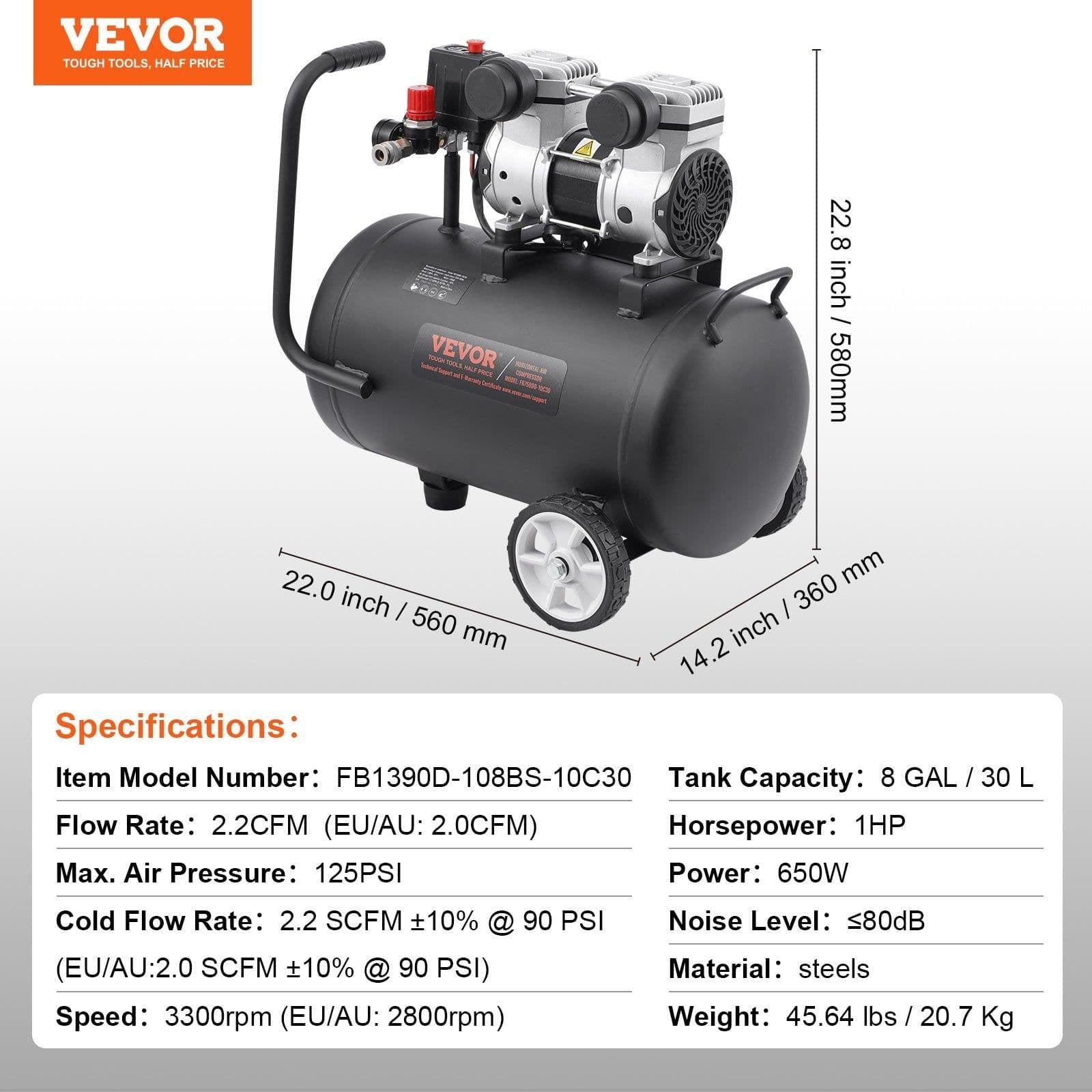 image-VEVOR Air Compressor, 8 Gallon Steel Tank, 1HP 2.2 CFM@90 PSI Oil Free Air Compressor & Max. 120PSI Pressure, 80dB Ultra Quiet Portable Compressor, for Auto Repair, Tire Inflation, Spray Painting