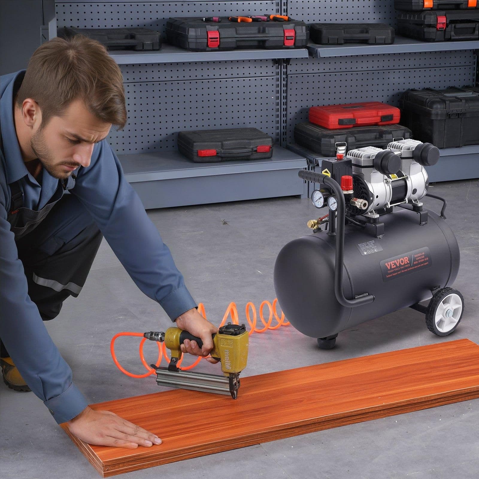 image-VEVOR Air Compressor, 8 Gallon Steel Tank, 1HP 2.2 CFM@90 PSI Oil Free Air Compressor & Max. 120PSI Pressure, 80dB Ultra Quiet Portable Compressor, for Auto Repair, Tire Inflation, Spray Painting