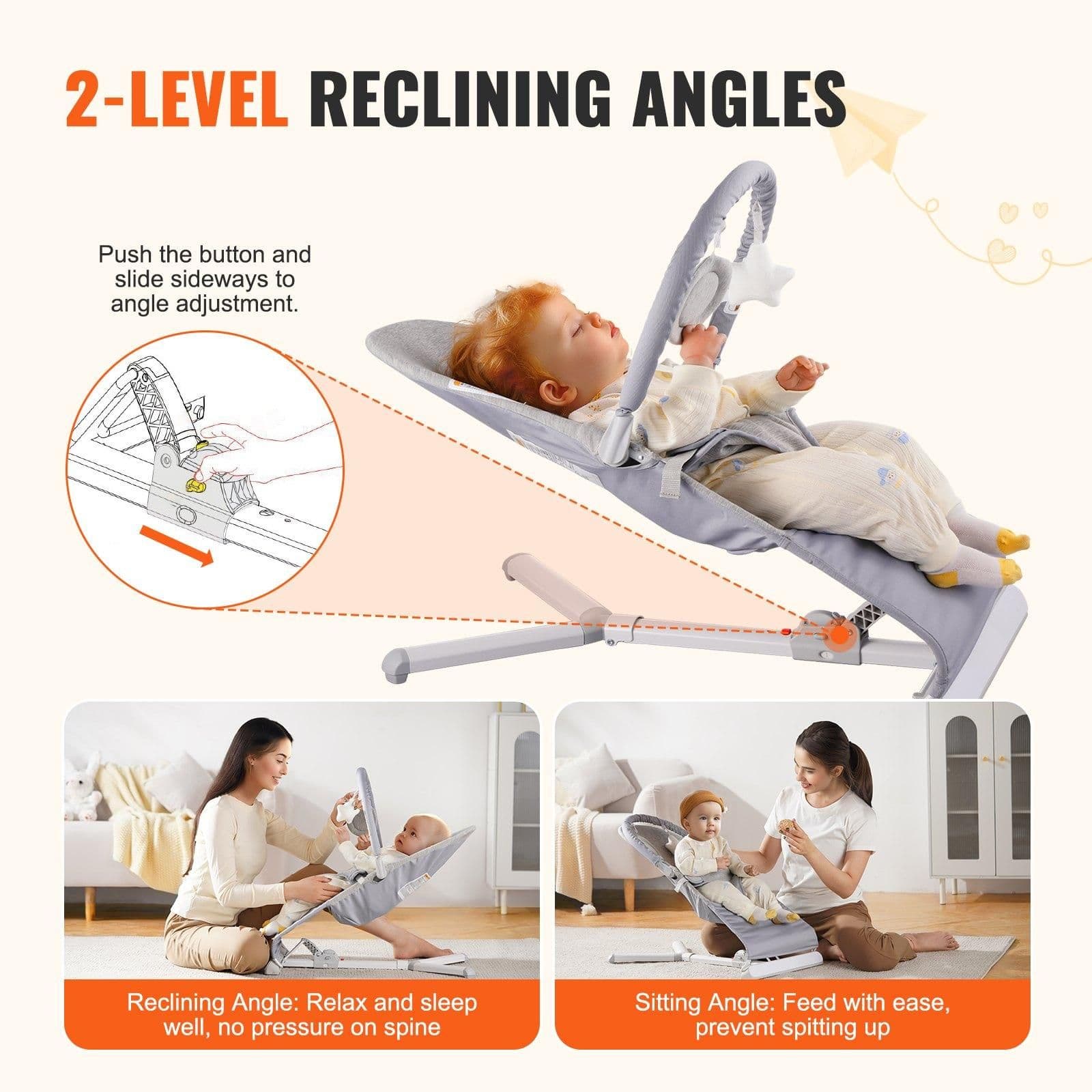 image-VEVOR Baby Bouncer Folding Bouncer Seat Chair for Babies 0-9 Months with Toy Bar