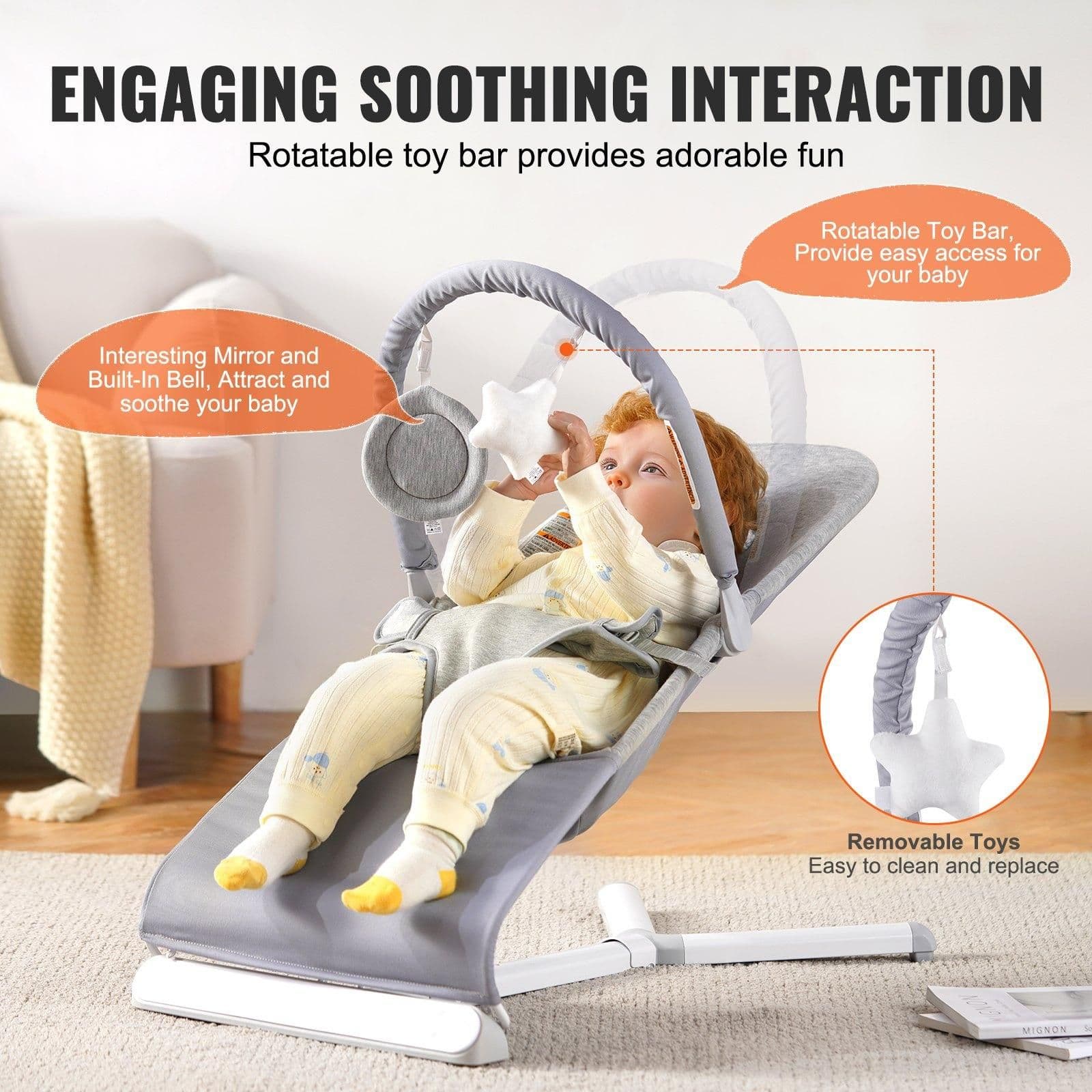 image-VEVOR Baby Bouncer Folding Bouncer Seat Chair for Babies 0-9 Months with Toy Bar