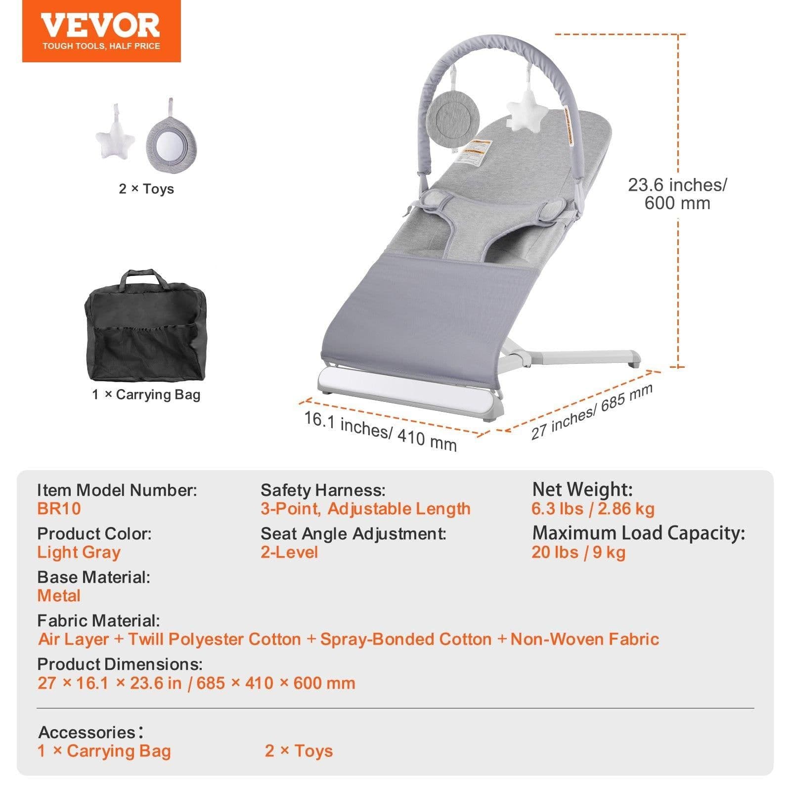 image-VEVOR Baby Bouncer Folding Bouncer Seat Chair for Babies 0-9 Months with Toy Bar