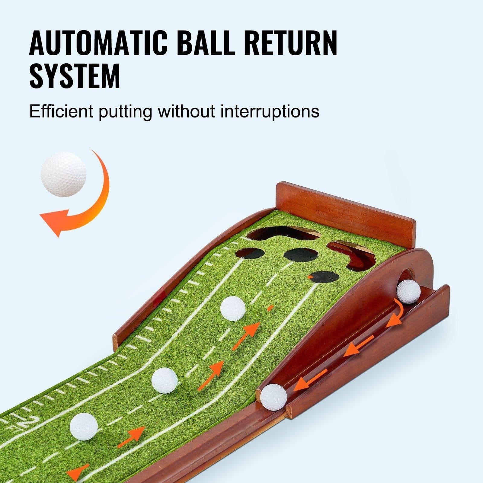 image-VEVOR Golf Putting Mat, 5 Hole Indoor Golf Putting Green, Wrinkle-Free Golf Training Aid, Mini Golf Set with Auto-Ball Return, Alignment Guide, 3 Ball, Wood Base, Game Practice Gift for Home Offic