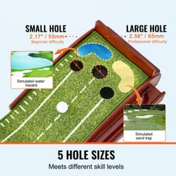 image-VEVOR Golf Putting Mat, 5 Hole Indoor Golf Putting Green, Wrinkle-Free Golf Training Aid, Mini Golf Set with Auto-Ball Return, Alignment Guide, 3 Ball, Wood Base, Game Practice Gift for Home Offic