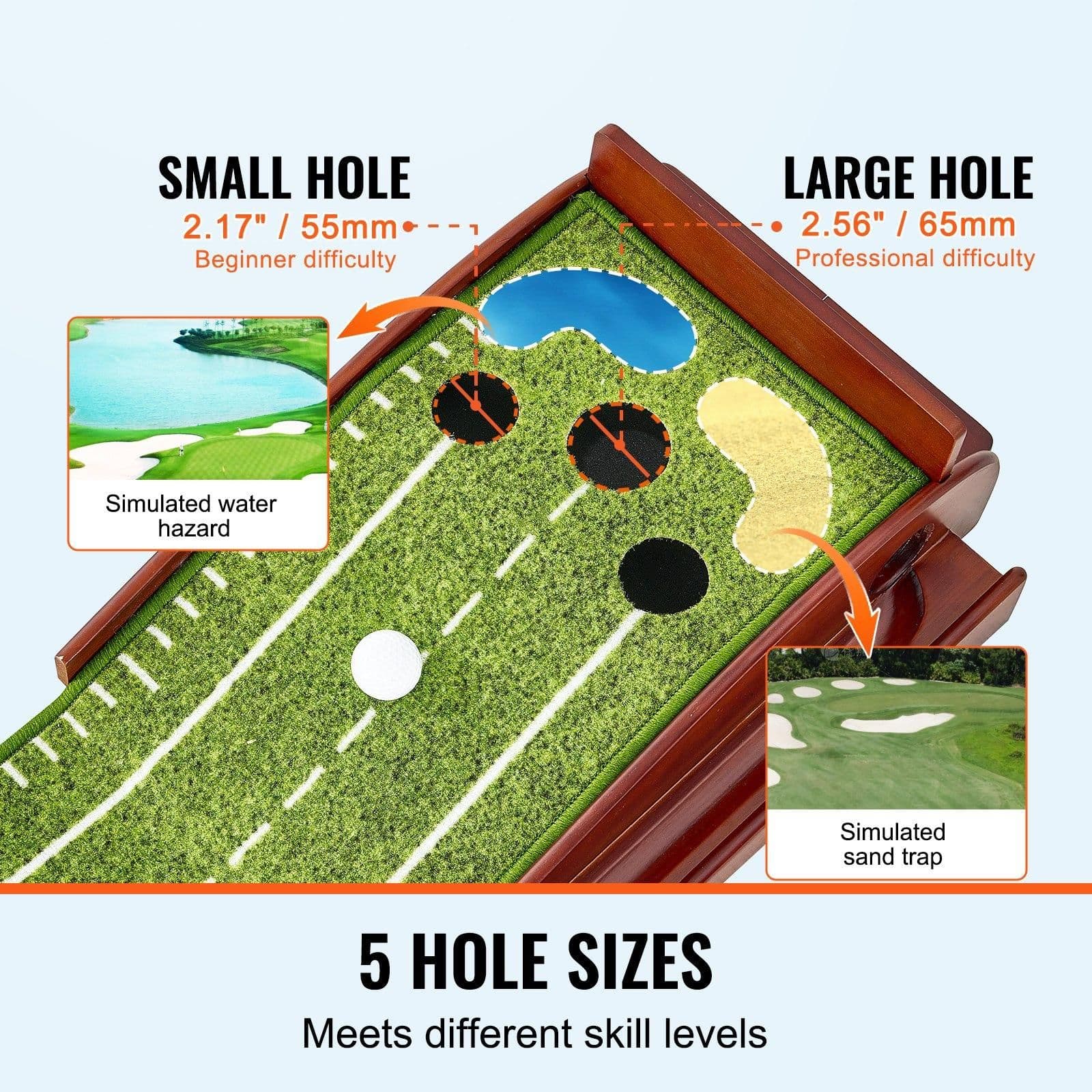 image-VEVOR Golf Putting Mat, 5 Hole Indoor Golf Putting Green, Wrinkle-Free Golf Training Aid, Mini Golf Set with Auto-Ball Return, Alignment Guide, 3 Ball, Wood Base, Game Practice Gift for Home Offic