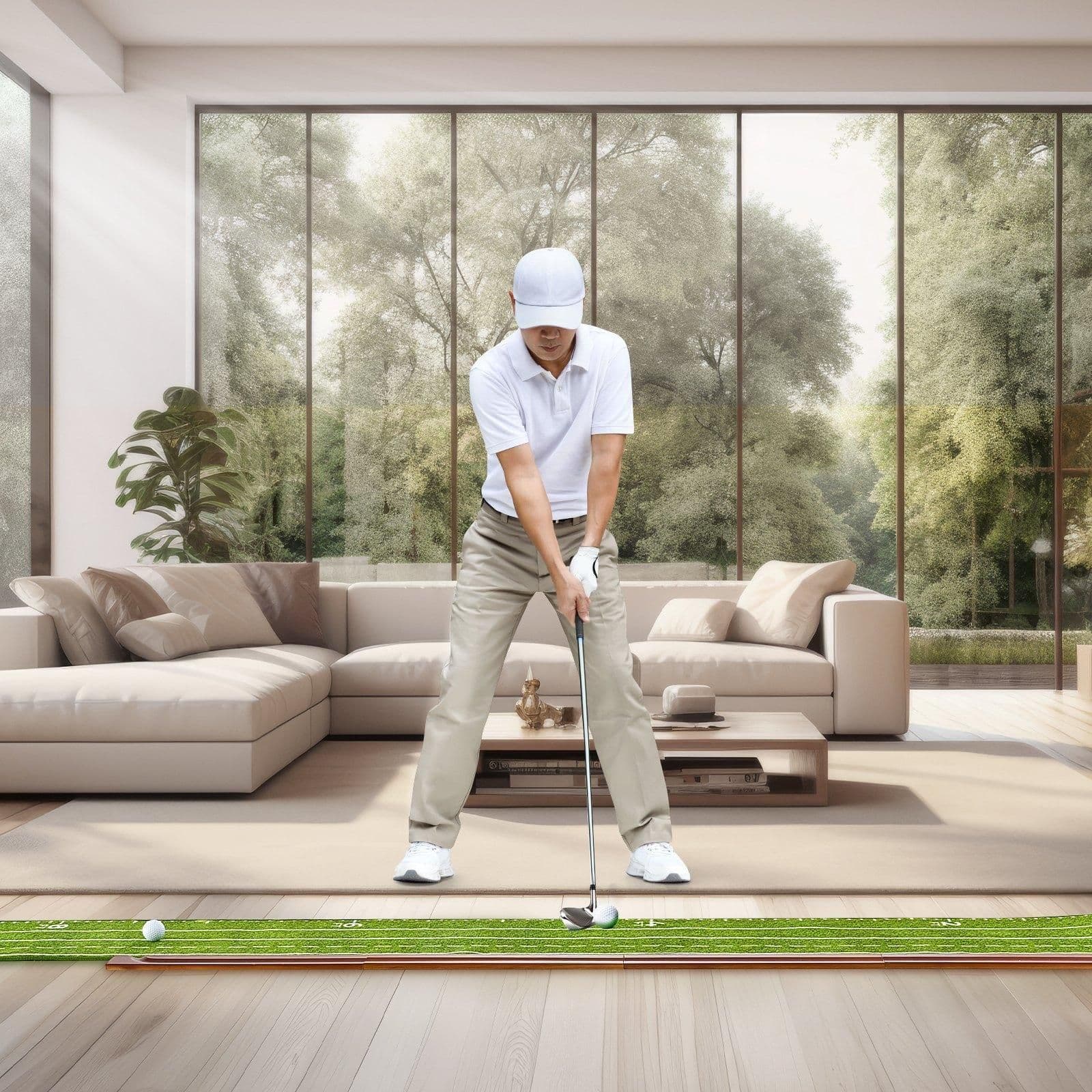 image-VEVOR Golf Putting Mat, 5 Hole Indoor Golf Putting Green, Wrinkle-Free Golf Training Aid, Mini Golf Set with Auto-Ball Return, Alignment Guide, 3 Ball, Wood Base, Game Practice Gift for Home Offic