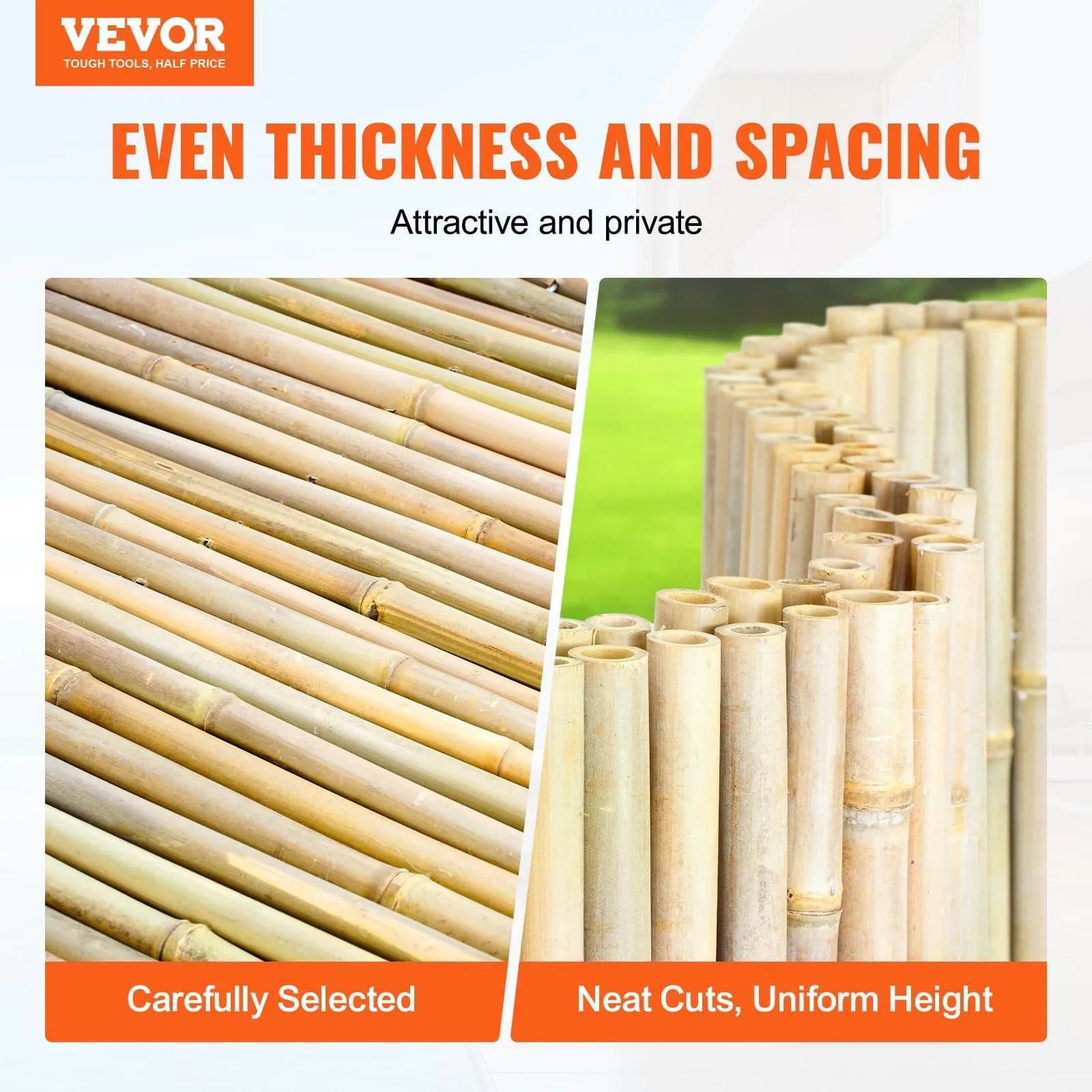 image-VEVOR Natural Rolled Bamboo Fence, Eco-Friendly Bamboo Privacy Fence 4 ft H x 6 ft L x 0.75 in D. , Decorative Bamboo Privacy Screen for Garden, Backyard, Balcony, Patio, Pool Side