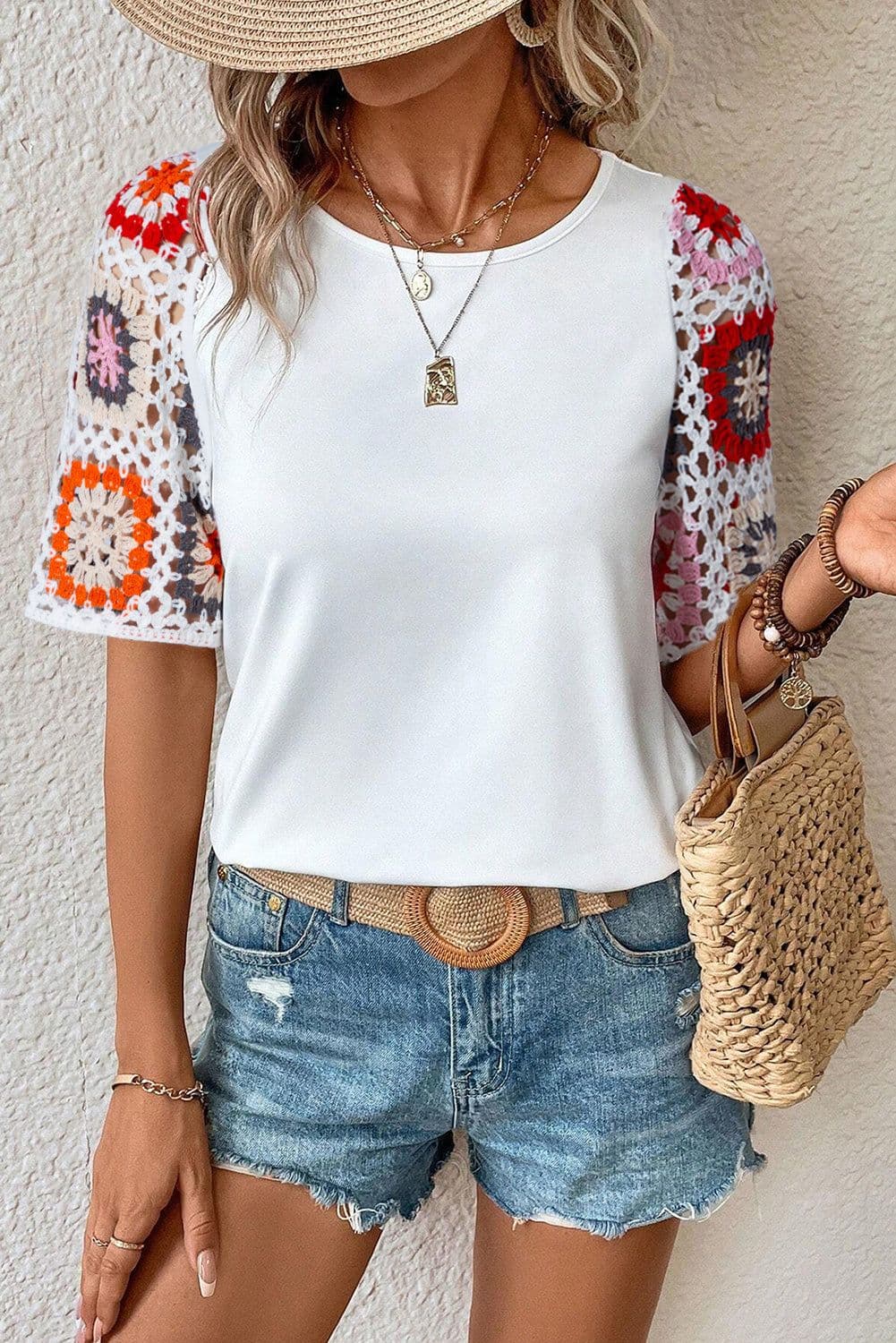 image-White Floral Crochet Top - Short Sleeve, Chic Round Neck, Relaxed Fit