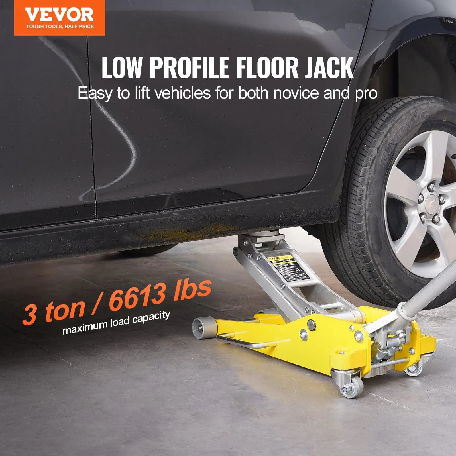 image-VEVOR Low Profile Floor Jack 3 Ton (6600 lbs), Heavy Duty Aluminum Hydraulic Racing Floor Jack, Hydraulic Car Jack, Dual Piston Quick Lift Pump, 3.7"-18.3" Height Lifting Range (Yellow)