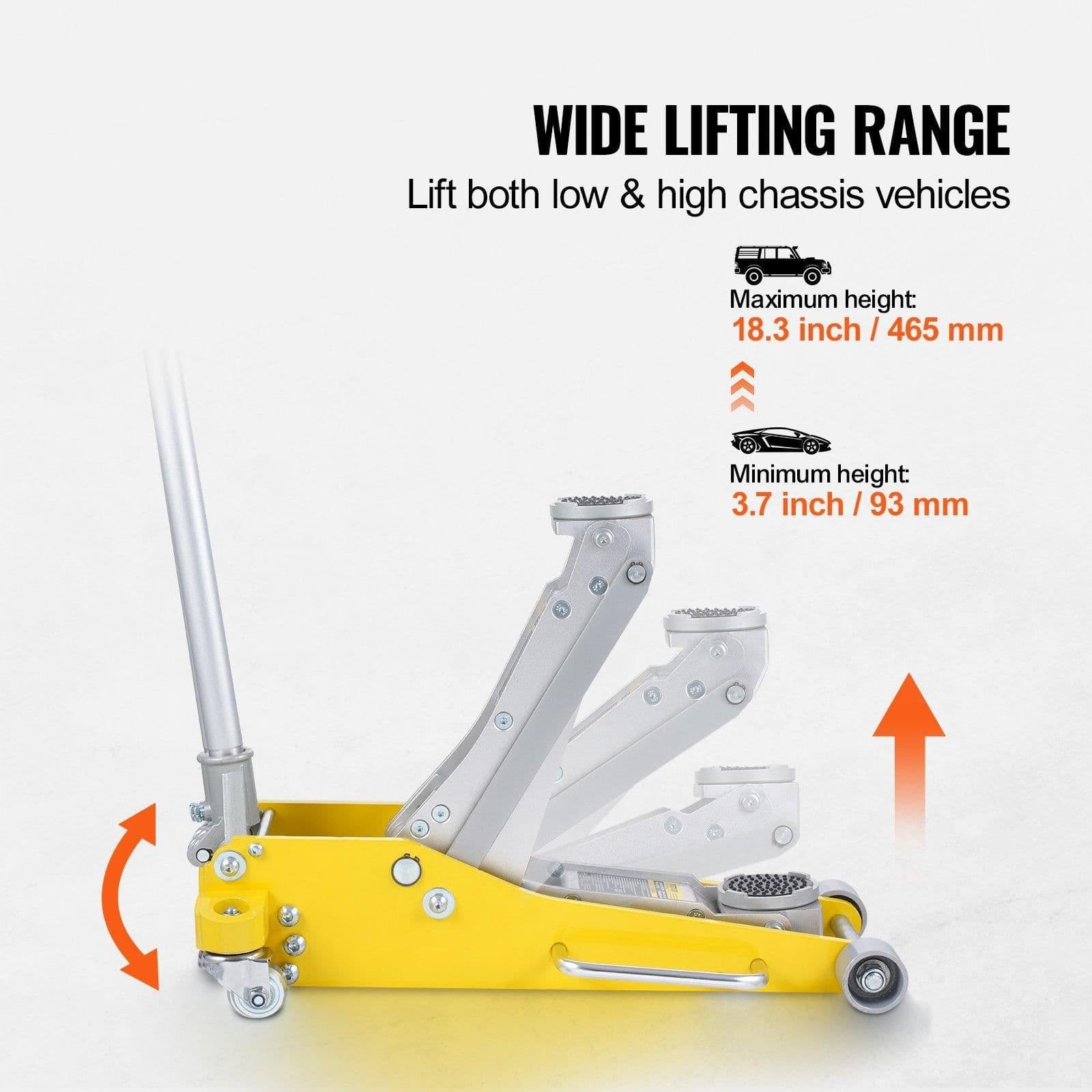 image-VEVOR Low Profile Floor Jack 3 Ton (6600 lbs), Heavy Duty Aluminum Hydraulic Racing Floor Jack, Hydraulic Car Jack, Dual Piston Quick Lift Pump, 3.7"-18.3" Height Lifting Range (Yellow)