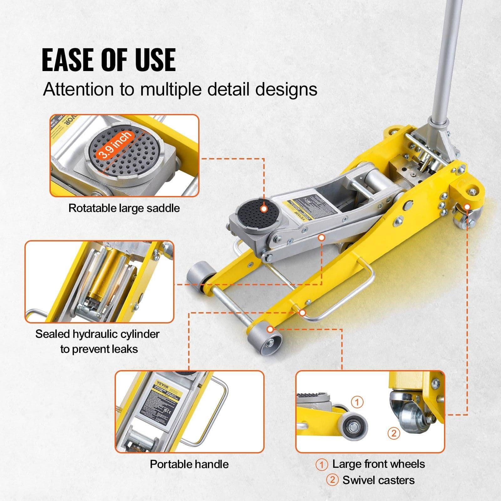 image-VEVOR Low Profile Floor Jack 3 Ton (6600 lbs), Heavy Duty Aluminum Hydraulic Racing Floor Jack, Hydraulic Car Jack, Dual Piston Quick Lift Pump, 3.7"-18.3" Height Lifting Range (Yellow)