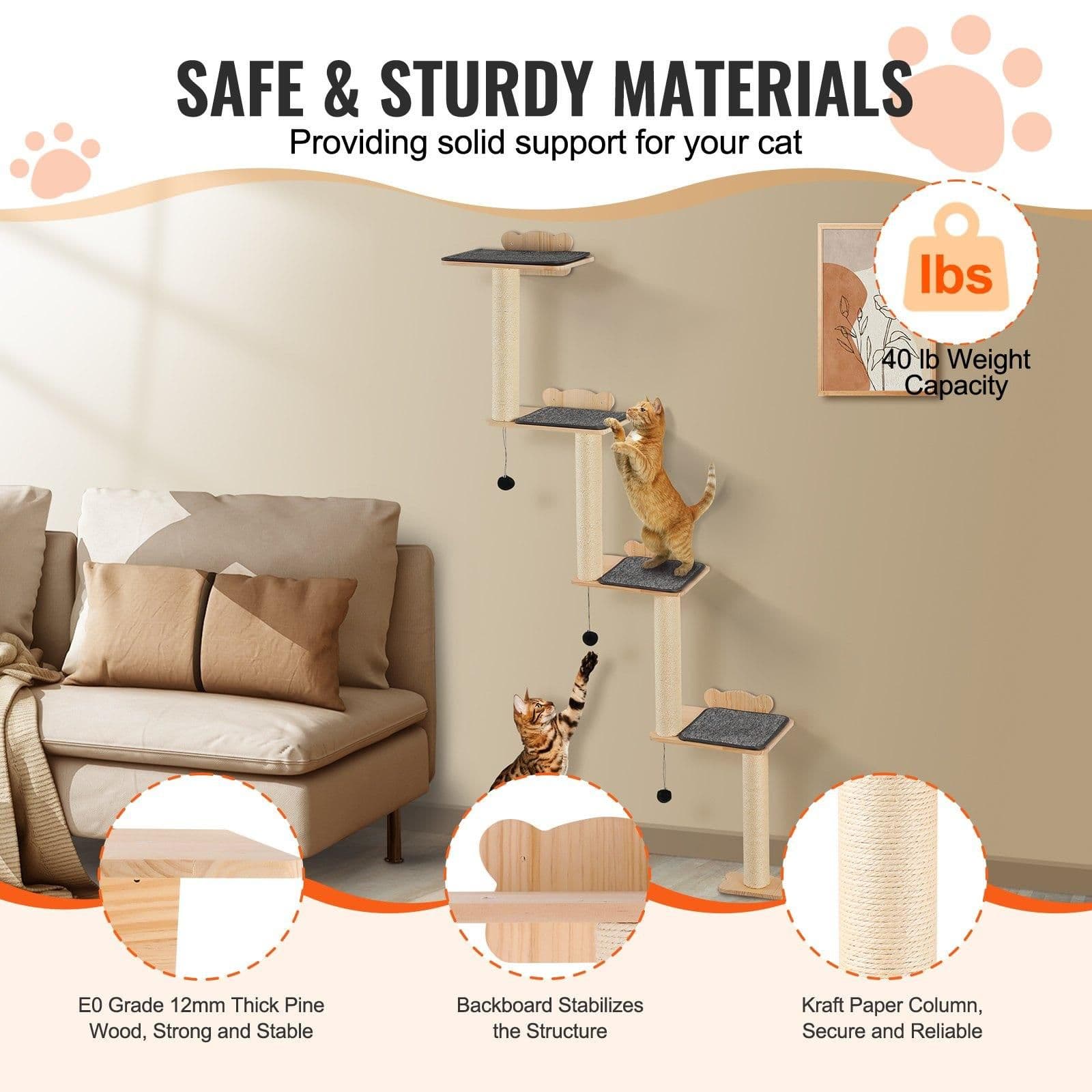 image-VEVOR 4 Tiers Cat Tree, Cat Wall Furniture Set with 4 Jumping Boards, Wall-Mounted Cat Floating Shelf up to 40 lbs, 12 mm Pine Wood Cat Perch for Sleeping, Playing, and Climbing