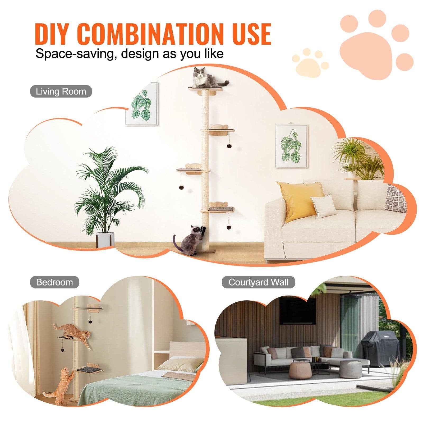 image-VEVOR 4 Tiers Cat Tree, Cat Wall Furniture Set with 4 Jumping Boards, Wall-Mounted Cat Floating Shelf up to 40 lbs, 12 mm Pine Wood Cat Perch for Sleeping, Playing, and Climbing