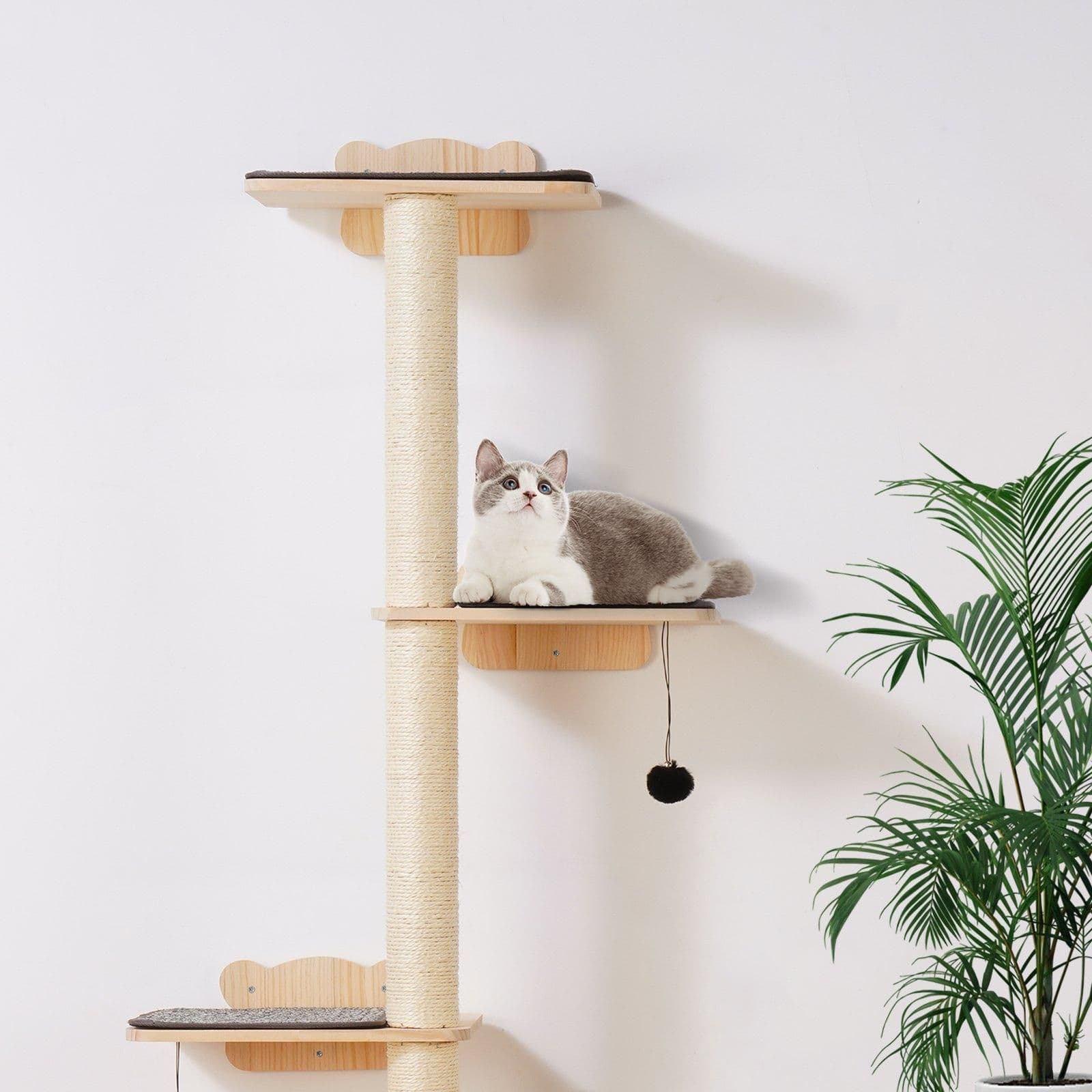 image-VEVOR 4 Tiers Cat Tree, Cat Wall Furniture Set with 4 Jumping Boards, Wall-Mounted Cat Floating Shelf up to 40 lbs, 12 mm Pine Wood Cat Perch for Sleeping, Playing, and Climbing