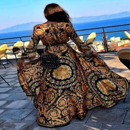 image-Cross-border hot style spot European and American retro print dress V-neck pullover retro style long sleeves swinging long