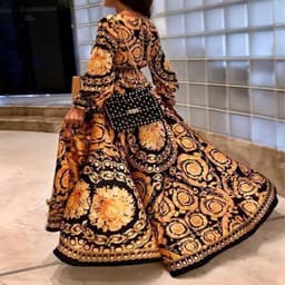 image-Cross-border hot style spot European and American retro print dress V-neck pullover retro style long sleeves swinging long