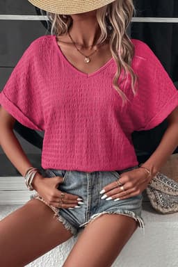 image-Bright Pink Textured V Neck Rolled Sleeve Tee - Loose Fit