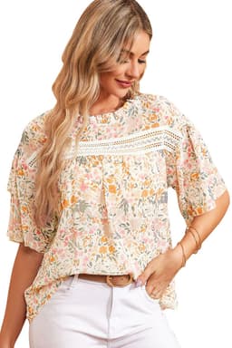 image-Floral Print Wide Ruffle Sleeves Blouse - Multicolor, Size S-XL