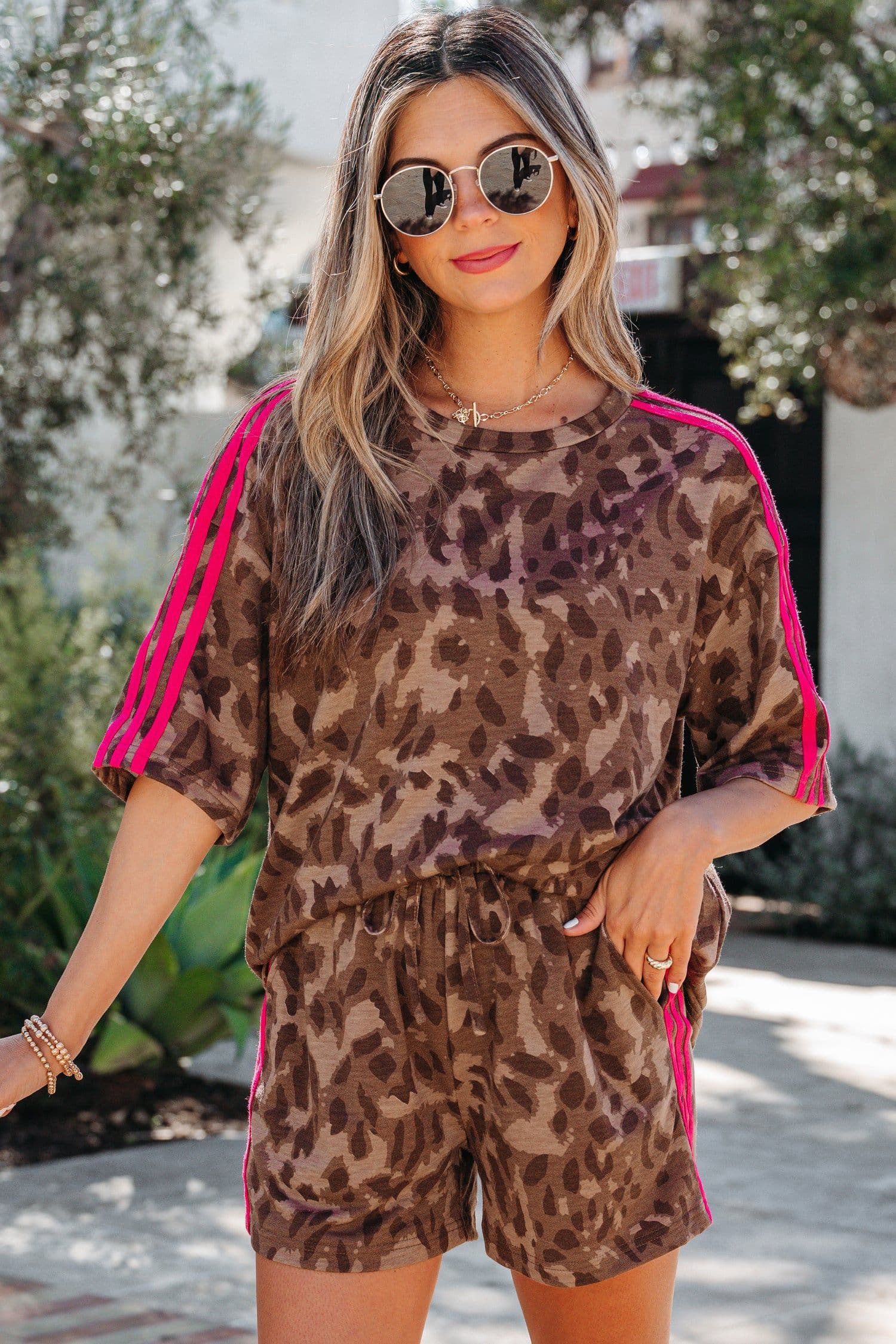 image-Brown Contrast Striped Accent Leopard Short Set