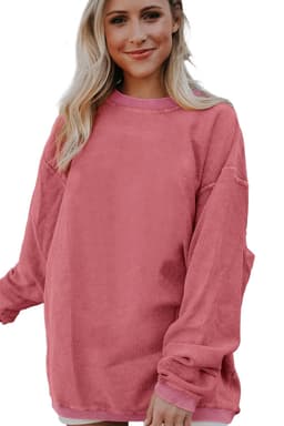 image-Strawberry Pink Ribbed Corded Oversized Sweatshirt