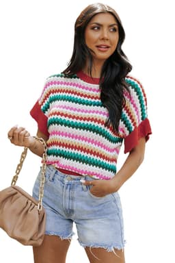 image-Fiery Red Trimmed Ruffle Sleeve Colorful Textured Sweater