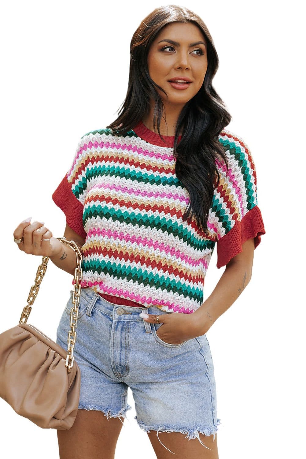image-Fiery Red Trimmed Ruffle Sleeve Colorful Textured Sweater