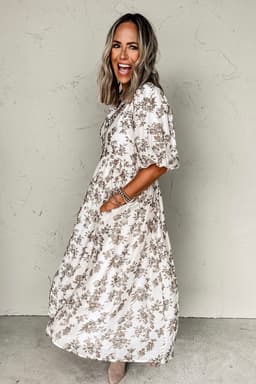image-Khaki Floral Puff Sleeve V Neck Maxi Dress