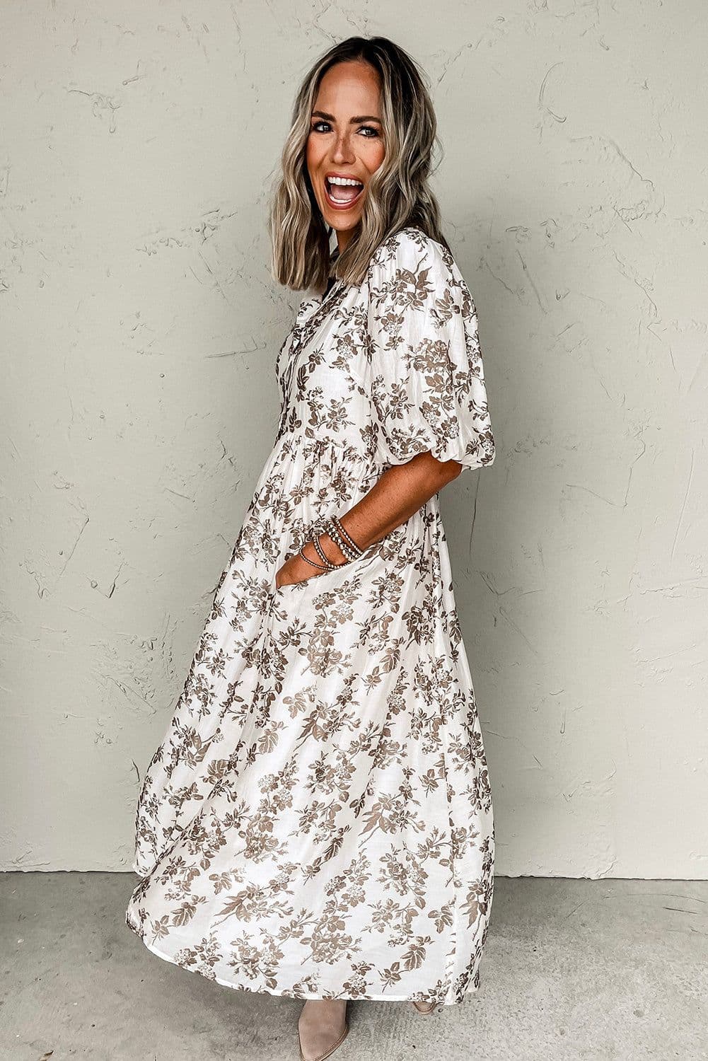 image-Khaki Floral Puff Sleeve V Neck Maxi Dress