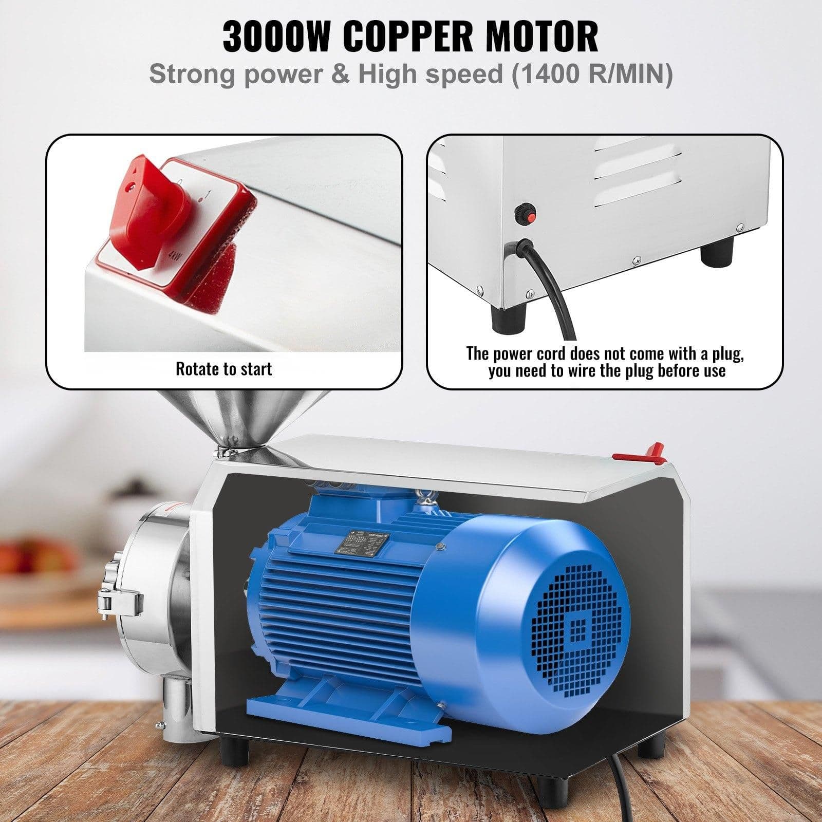 image-VEVOR Soybean Grinder Commercial Grinding Machine for Spices 3000W Corn Mill Grinder 100 KG/H Stainless Steel Corn Grinder Industrial Flour Milling Machine for Pepper Soybean Peanut Corn Grains