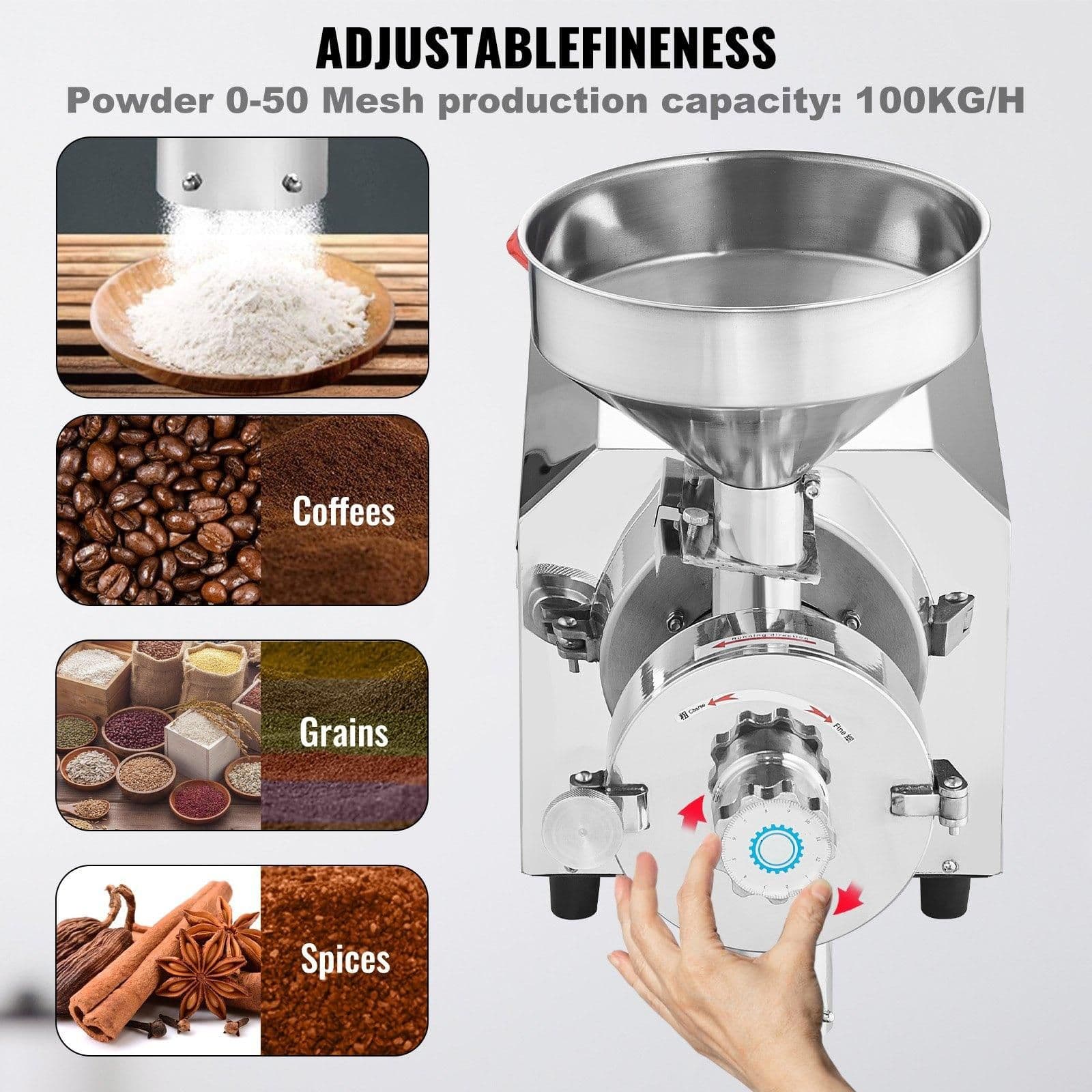 image-VEVOR Soybean Grinder Commercial Grinding Machine for Spices 3000W Corn Mill Grinder 100 KG/H Stainless Steel Corn Grinder Industrial Flour Milling Machine for Pepper Soybean Peanut Corn Grains