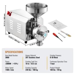 image-VEVOR Soybean Grinder Commercial Grinding Machine for Spices 3000W Corn Mill Grinder 100 KG/H Stainless Steel Corn Grinder Industrial Flour Milling Machine for Pepper Soybean Peanut Corn Grains