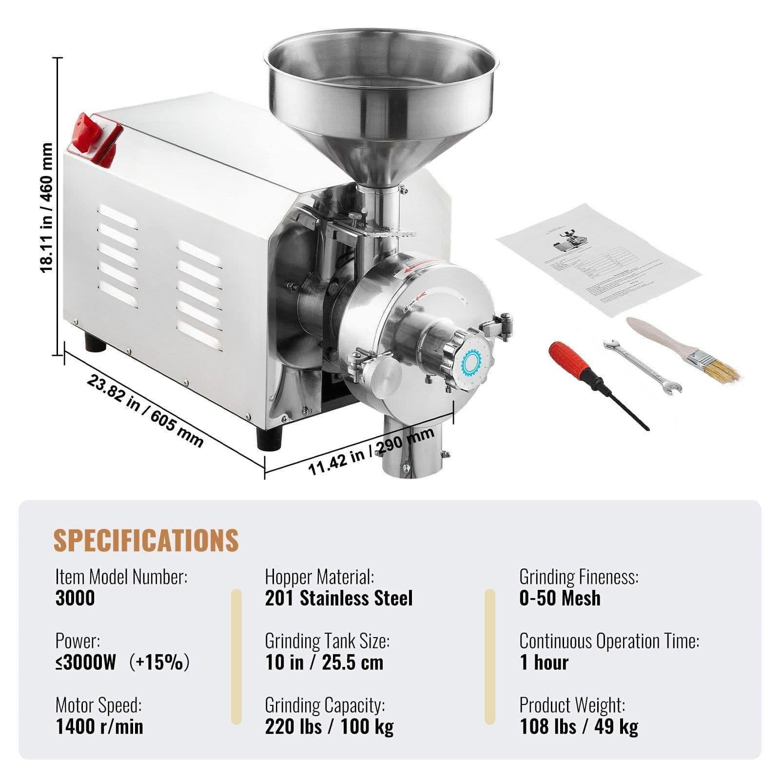 image-VEVOR Soybean Grinder Commercial Grinding Machine for Spices 3000W Corn Mill Grinder 100 KG/H Stainless Steel Corn Grinder Industrial Flour Milling Machine for Pepper Soybean Peanut Corn Grains