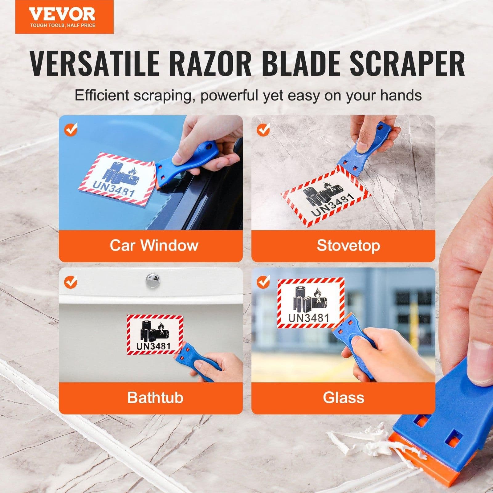 image-VEVOR Plastic Razor Blade Scraper Tool - 2 Scrapers & 120 Blades
