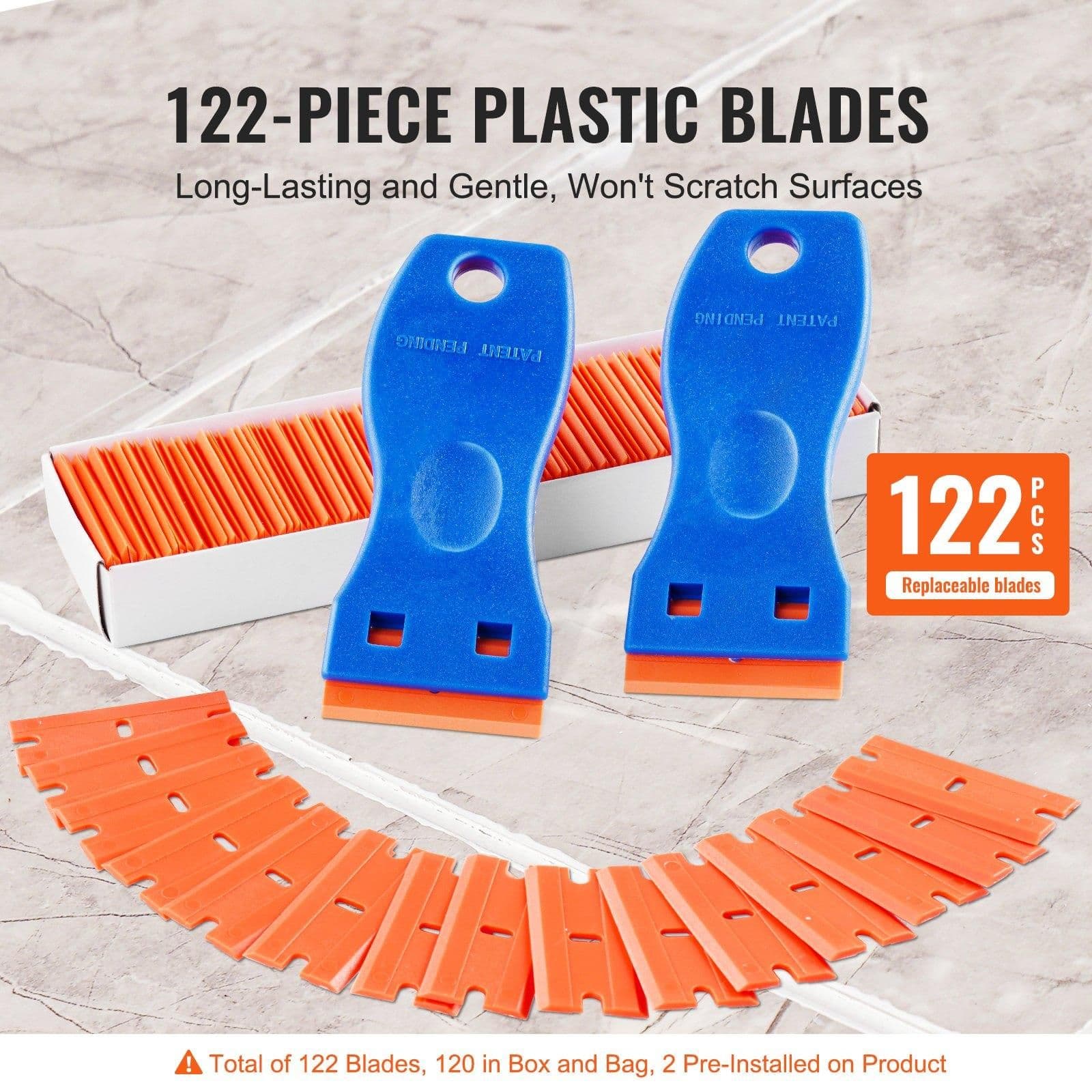 image-VEVOR Plastic Razor Blade Scraper Tool - 2 Scrapers & 120 Blades