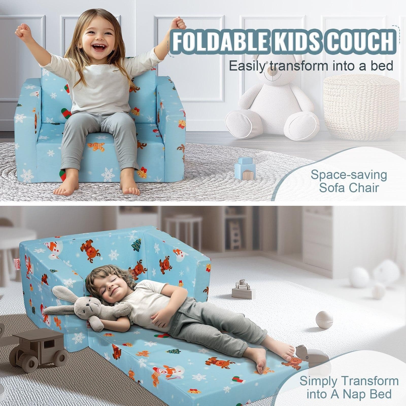 image-VEVOR Kids Couch, 2-in-1 Toddler Chairs Comfy, Toddler Couch Sofa Bed Fold Out, Convertible Sofa to Lounger, Kids Chair Seat Playroom Furniture for Kids Girls & Boys, Sky Blue