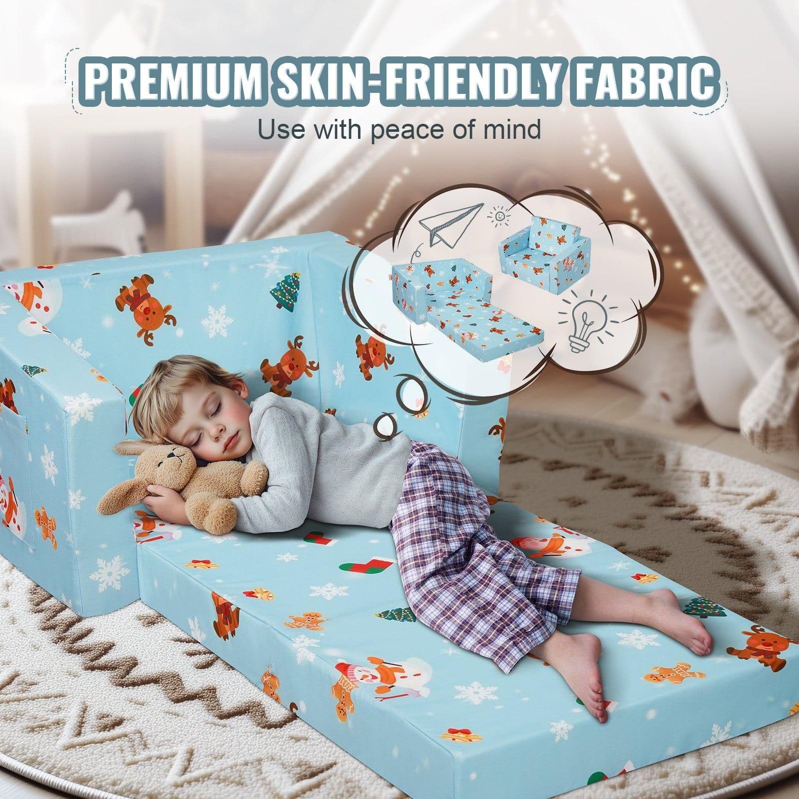 image-VEVOR Kids Couch, 2-in-1 Toddler Chairs Comfy, Toddler Couch Sofa Bed Fold Out, Convertible Sofa to Lounger, Kids Chair Seat Playroom Furniture for Kids Girls & Boys, Sky Blue
