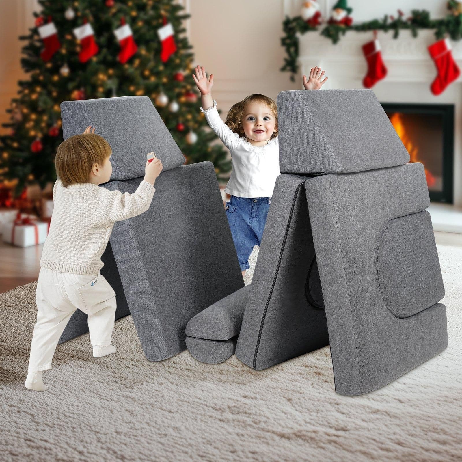 image-VEVOR 10-Piece Modular Kids Play Couch - Grey Chenille Fabric