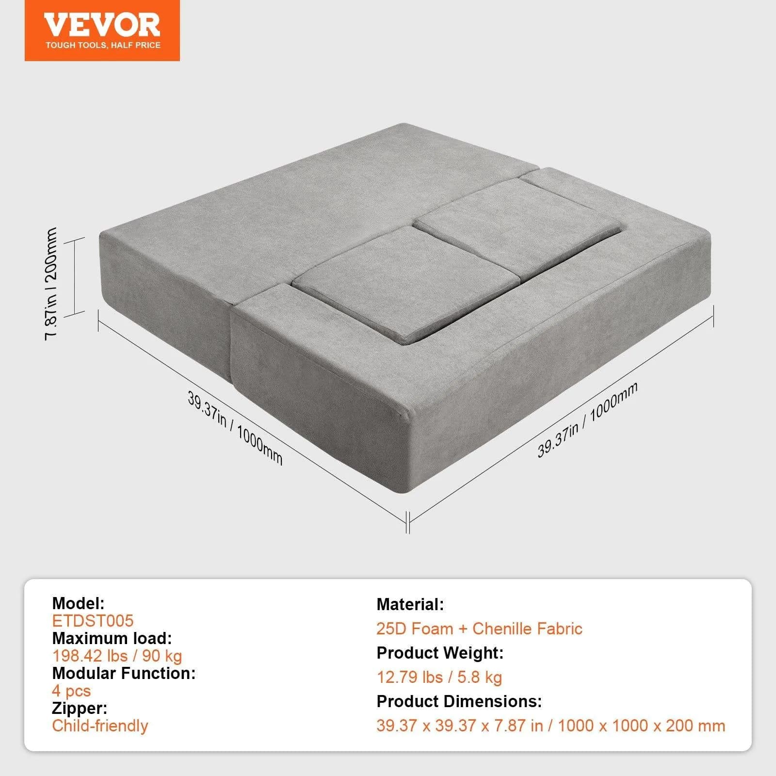 image-VEVOR Kids Couch, 4Pcs Modular Kids Play Couch, Toddler Couch Sofa Bed, Kids Chair Seat Playroom Furniture, Child Sectional Sofa with Removable Cover for Kids Girls & Boys, Grey