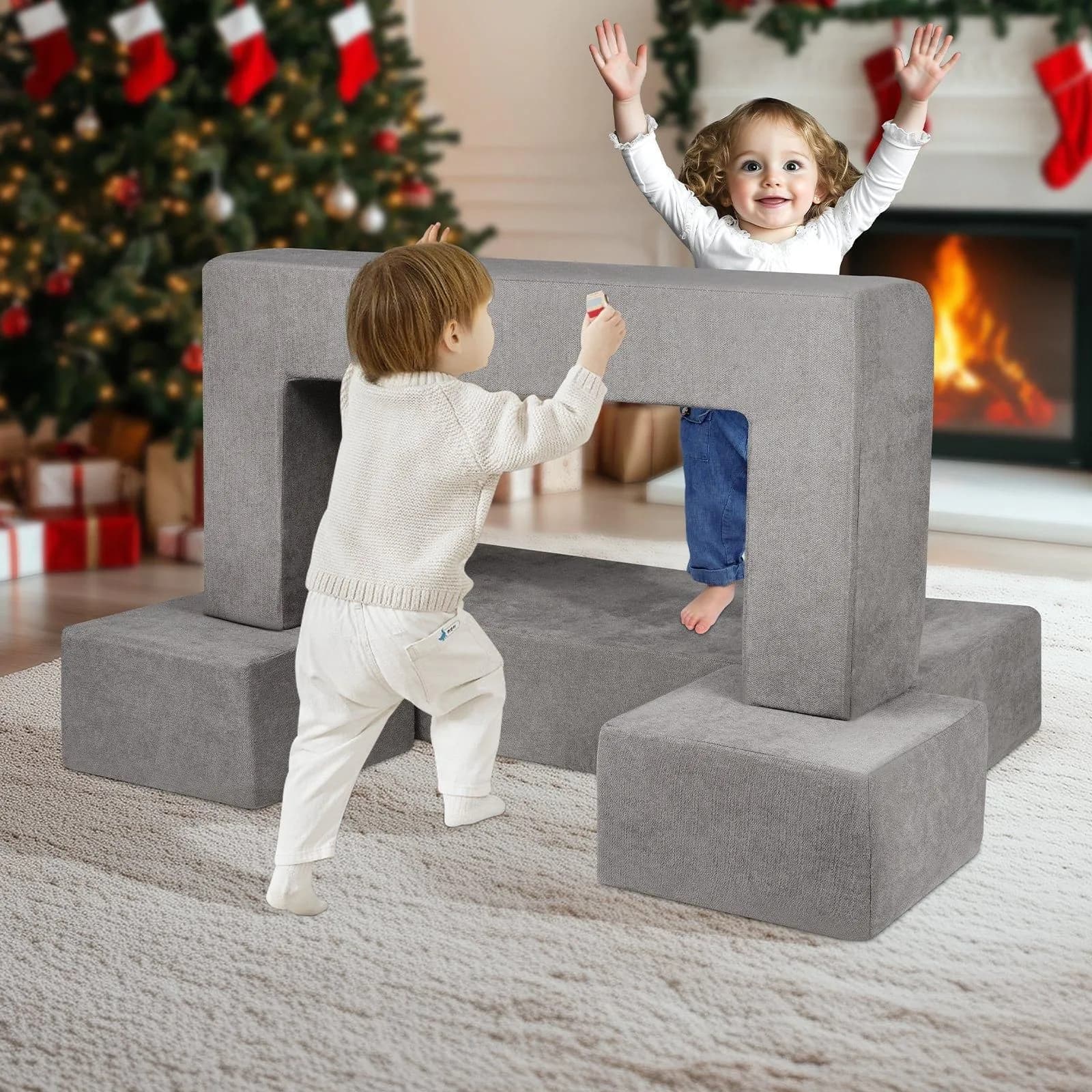 image-VEVOR Kids Couch, 4Pcs Modular Kids Play Couch, Toddler Couch Sofa Bed, Kids Chair Seat Playroom Furniture, Child Sectional Sofa with Removable Cover for Kids Girls & Boys, Grey
